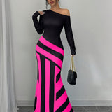 Elegant Women's Off-Shoulder Striped Maxi Dress - Chic Black & White Design with Ruffled Hem, Long Sleeves, Machine Washable, Polyester Blend