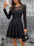 Women'S Elegant Short Dress, Long Sleeve, Round Neck, Sparkling Print, Fitted Knit Polyester with Elastane, All-Season Solid Color Crew Neck Dress for Adult