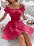 Elegant Off-Shoulder Square Neck Dress, 100% Polyester Solid Color A-Line Mini Dress for Women, Spring/Summer Woven Fabric, Occasion Wear | Ruffled Bodice | Polyester Fabric, Cute Dresses