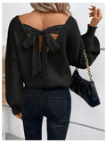 Soft Polyester Elegant French-Inspired Plus Size Sweater - V-Neck with Bow Tie Back, Hand Washable, Classic Knitwear, Smooth Texture, All-Season Apparel
