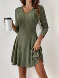 Elegant Black V-Neck Knit Dress - Chic Long Sleeve A-Line Mini with Ruffle Detail, Polyester & Elastane Blend, Machine Washable - Perfect for Fall