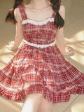 Chic French Vintage Ballet-Inspired Red & White Plaid Sundress with Lace Trim - Sleeveless, A-Line Mini Dress for Petite Women, Sweet & Spicy Style, Machine Washable