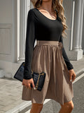 [Color Block Belted Crew Dress] ZAFUL Color Block Crew Neck Belted Dress, Elegant Long Sleeve A Line Dress For Spring & Fall, Women's Clothing