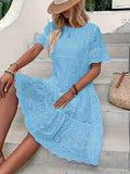 Solid Color Embroidered Lace Dress - Hollow Out Design, Elegant for Casual Wear