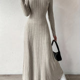 Elegant Solid Color V-Neck Knit Long Sleeve A-Line Dress - Ribbed Texture, Machine Washable, Polyester - Chic Middle Eastern Style for Fall, Elegant Long Sleeve Knit Dress
