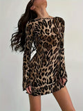 1pc Leopard Print Backless Tie-Back Dress, Polyester Knit Fabric, Crew Neck, Fitted Long Sleeve for All Seasons, Adult Women