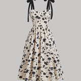 [Chic Midi V-Neck Floral Dress] Women'S Elegant V-Neck Floral Print Dress with Tie Straps, Polyester Knit Fabric, A-Line Silhouette, All-Season Chic Midi Dress for Adult