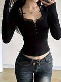 Elegant Stretchy Long Sleeve Mesh Lace Bodysuit Crop Top - Y2K Sheer Knotted T-Shirt For Women - Casual Style