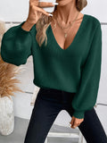 Women'S Elegant V-Neck Knit Sweater with Back Bow Detail, 100% Polyester Solid Color Pullover, All-Season Lightweight Knitwear