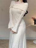 Long Sleeve 3D Floral Off-Shoulder Knit Dress - Solid Color, Regular Fit, A-Line, Winter Fashion, Sweater Knit Fabric