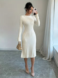 [Long Sleeve Ribbed Knit Sweater] Elegant Solid Color Ribbed Knit Sweater Dress for Women - Crew Neck, Long Sleeve, Pleated Design, Perfect for Fall & Winter