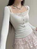 Chic White Stretchy Polyester Blend Bow Tie Top - Elegant Y2K-Inspired, Long Sleeve, Sweetheart Neck, Machine Washable - Comfy for Spring/Fall