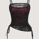 Elegant Floral Lace & Velvet Off-Shoulder Cami Top for Women with Side Drawstring Detail - Machine Washable, Perfect for Spring/Summer/Fall