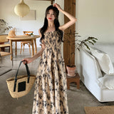 Vintage Sleeveless Shirred Aline Maxi Floral Print Ruffle Hem Cami Dress - Women's Clothing For Spring & Summer