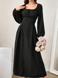 Elegant Textured Midi Dress - Cross Tie Lantern Sleeve Solid Color Romantic Dress for Women