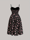 [Lace Trim Spaghetti Strap Dress] Floral Print Lace Trim Spaghetti Strap Dress, Elegant Tie Waist Sleeveless Cami Dress For Spring & Summer, Women's Clothing
