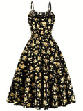 Summer 100% Polyester Vintage Floral Dress for Women - Spaghetti Strap A-Line Pendulum Style with Faux Drawstring Detail, Ideal for Parties and Casual Wear
