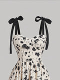[Chic Midi V-Neck Floral Dress] Women'S Elegant V-Neck Floral Print Dress with Tie Straps, Polyester Knit Fabric, A-Line Silhouette, All-Season Chic Midi Dress for Adult