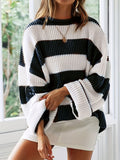 Long Sleeve Acrylic Pullover Sweater - Women's Casual Rib-Knit Crew Neck, Drop Shoulder, Loose Fit, Solid Color, All Season Knit Fabric Top