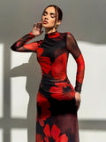 Floral Print Mesh Splicing Dress, Elegant Long Sleeve Bodycon Dress for Spring & Fall, Women's Clothing