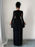 Elegant Glitter 1pc Polyester Maxi Dress for Women - Boat Neck Long Sleeve with Zipper and Side Slit - Fitted Knit Fabric Solid Color All-Season Party Gown