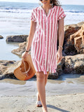 [Elegant | Striped] Elegant Striped V-Neck Midi Dress | Asymmetrical Hemline, Casual Short Sleeve, Button Front, Lightweight Polyester | Perfect for Summer Beach Outings, Beach Dress