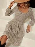 Elegant Square Neck A-Line Long Sleeve Dress - Women's Slim Fit Dresses for Spring & Fall - Chic, Comfortable, and Versatile Clothing for Ladies