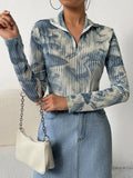 Tie Dye Zipper Collared T-Shirt, Casual Long Sleeve T-Shirt For Spring & Fall, Women's Clothing