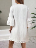 [Colorful Pom-Pom A-Line Dress] Colorful Pom-Pom Embroidered A-Line Dress - Women's Fashion Notched V-Neck with Ruffle Three Quarter Sleeves, Tassel Trim - Polyester 100%, Regular Fit, Woven Fabric, 120g/m², Spring/Summer/Fa