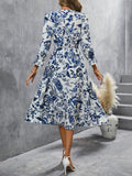 [Elegant Celadon Style Print Dress] Women'S Elegant Print Temperament Casual Celadon Style Dress