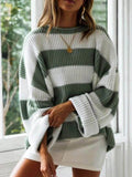 Long Sleeve Acrylic Pullover Sweater - Women's Casual Rib-Knit Crew Neck, Drop Shoulder, Loose Fit, Solid Color, All Season Knit Fabric Top