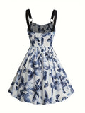 Women's White A-Line Midi Dress - Sleeveless, Lightweight Polyester, Lace-Up Waist, O-Ring Shoulders, Blue Butterfly Pattern, Perfect for Spring/Summer Parties