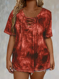 Women'S Plus Size Tie Dye Print Short Sleeve T-Shirt, Casual Loose Fit Tee with Lace-Up Drape Neck, Polyester 95% Spandex 5% Knit Fabric, Medium Stretch, Spring/Summer Pullovers, 175g/m² - Purple