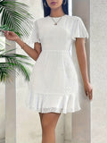[Summer Chiffon Ruffle Dress] Summer Fashion Solid Color Chiffon Ruffle Hem Dress - Casual Crew Neck Short Sleeve A-Line Pendulum - 95% Polyester 5% Elastane