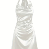 Sexy Satin Cowl Neck Halter Dress - Backless Mini Dress for Evening Party - Women's Clothing