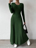Elegant Solid Color V-Neck Knit Long Sleeve A-Line Dress - Ribbed Texture, Machine Washable, Polyester - Chic Middle Eastern Style for Fall, Elegant Long Sleeve Knit Dress