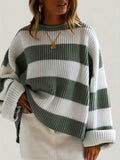 Long Sleeve Acrylic Pullover Sweater - Women's Casual Rib-Knit Crew Neck, Drop Shoulder, Loose Fit, Solid Color, All Season Knit Fabric Top