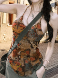Y2K Sleeveless Curved Hem Camisole - Butterfly Print Spaghetti Strap Top - Women's Spring & Summer Clothing