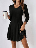 Elegant Black V-Neck Knit Dress - Chic Long Sleeve A-Line Mini with Ruffle Detail, Polyester & Elastane Blend, Machine Washable - Perfect for Fall
