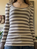 [Long Sleeve Striped Cotton T-Shirt] Y2K-Inspired Striped Cotton Blend T-Shirt for Women - Casual Long Sleeve, Round Neck Top with Mid-Stretch Fabric
