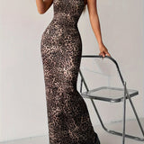 Elegant Sleeveless Leopard Print Bodycon Maxi Dress - Cami Dress For Spring & Summer - Women's Clothing