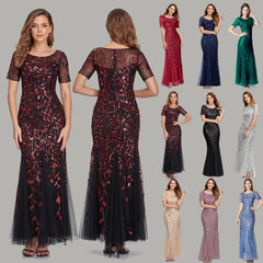 Slim fitting mesh sequin evening dress fishtail dress for women
