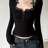 Elegant Stretchy Long Sleeve Mesh Lace Bodysuit Crop Top - Y2K Sheer Knotted T-Shirt For Women - Casual Style