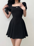 Black Puff Sleeve A-Line Pleated Dress