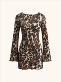 1pc Leopard Print Backless Tie-Back Dress, Polyester Knit Fabric, Crew Neck, Fitted Long Sleeve for All Seasons, Adult Women