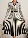 1pc Women'S Elegant Striped Collar Long Sleeve Midi Dress, Polyester Knit Fabric, Regular Fit, Autumn Season, Casual Chic for Daily Wear