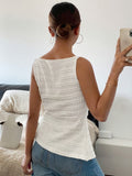 [Sleeveless Textured Cardigan Elegant Shirt] Women's square collar cardigan buttonless sleeveless textured horizontal striped elegant shirt, waist-tightening top, commuting minimalist office old money loose, simple Women's to voguable