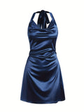 Sexy Satin Cowl Neck Halter Dress - Backless Mini Dress for Evening Party - Women's Clothing