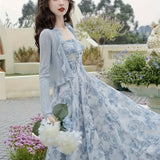[Floral Print Strap Dress Set] Elegant Floral Print Strap Dress Set, Long Sleeve Ruffle Trim Open Front Ribbed Cardigan & Square Neck Sleeveless A-line Dress Outfits, Women's Clothing voguable
