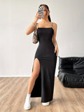Solid Color Split Cami Dress, Elegant Sleeveless Bodycon Maxi Dress For Spring & Summer, Women's Clothing